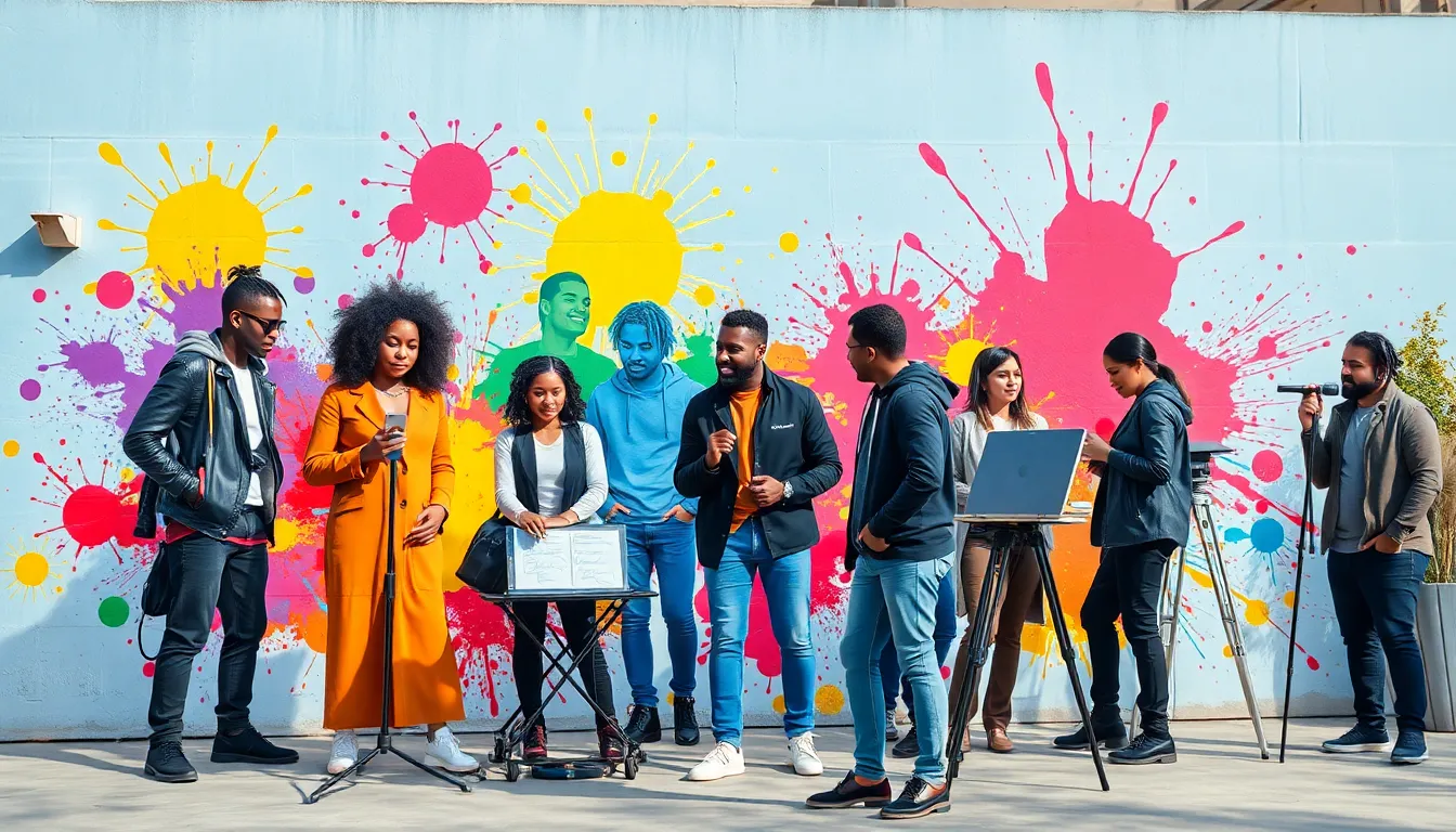 vibrant mural and diverse artists celebrating creativity and connection.